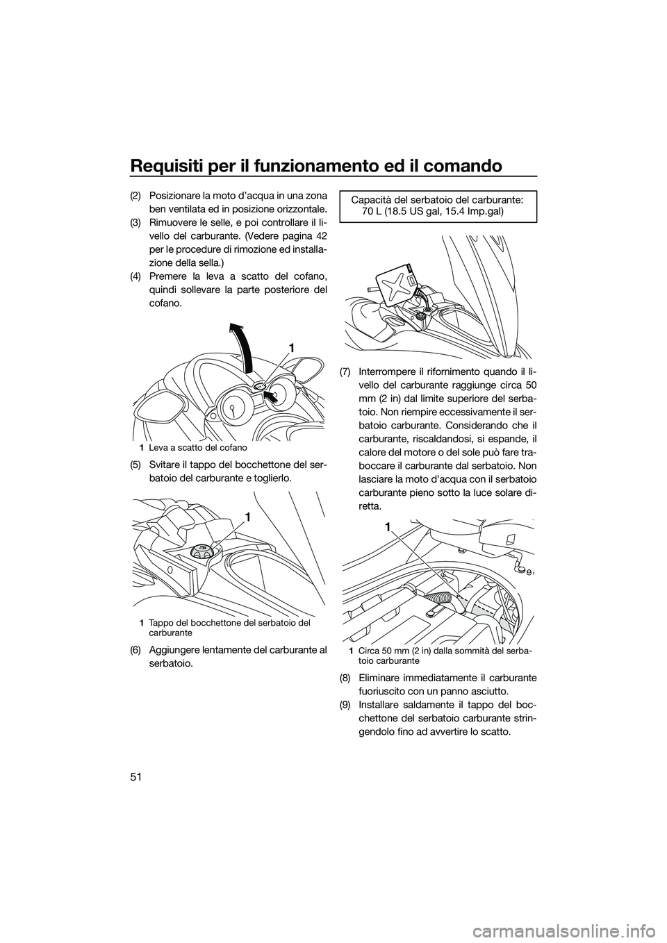 YAMAHA FZS SVHO 2015 Manuale duso (in Italian) Requisiti per il funzionamento ed il comando
51
(2) Posizionare la moto d’acqua in una zonaben ventilata ed in posizione orizzontale.
(3) Rimuovere le selle, e poi controllare il li- vello del carbu YAMAHA FZS SVHO 2015 Manuale duso (in Italian) Requisiti per il funzionamento ed il comando
51
(2) Posizionare la moto d’acqua in una zonaben ventilata ed in posizione orizzontale.
(3) Rimuovere le selle, e poi controllare il li- vello del carbu