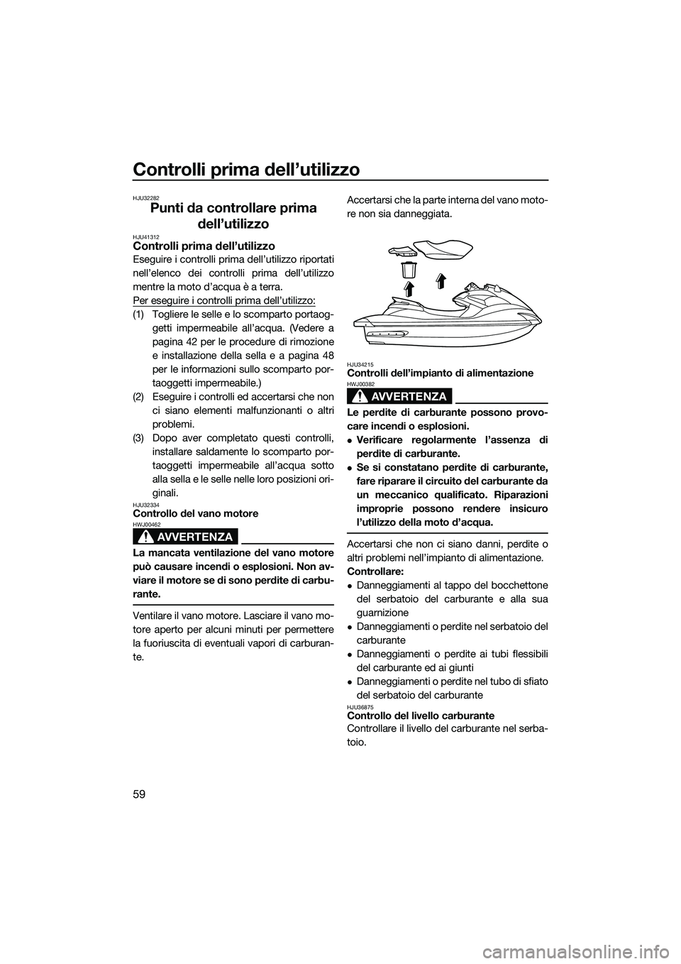 YAMAHA FZS SVHO 2015  Manuale duso (in Italian) Controlli prima dell’utilizzo
59
HJU32282
Punti da controllare prima dell’utilizzo
HJU41312Controlli prima dell’utilizzo
Eseguire i controlli prima dell’utilizzo riportati
nell’elenco dei co
