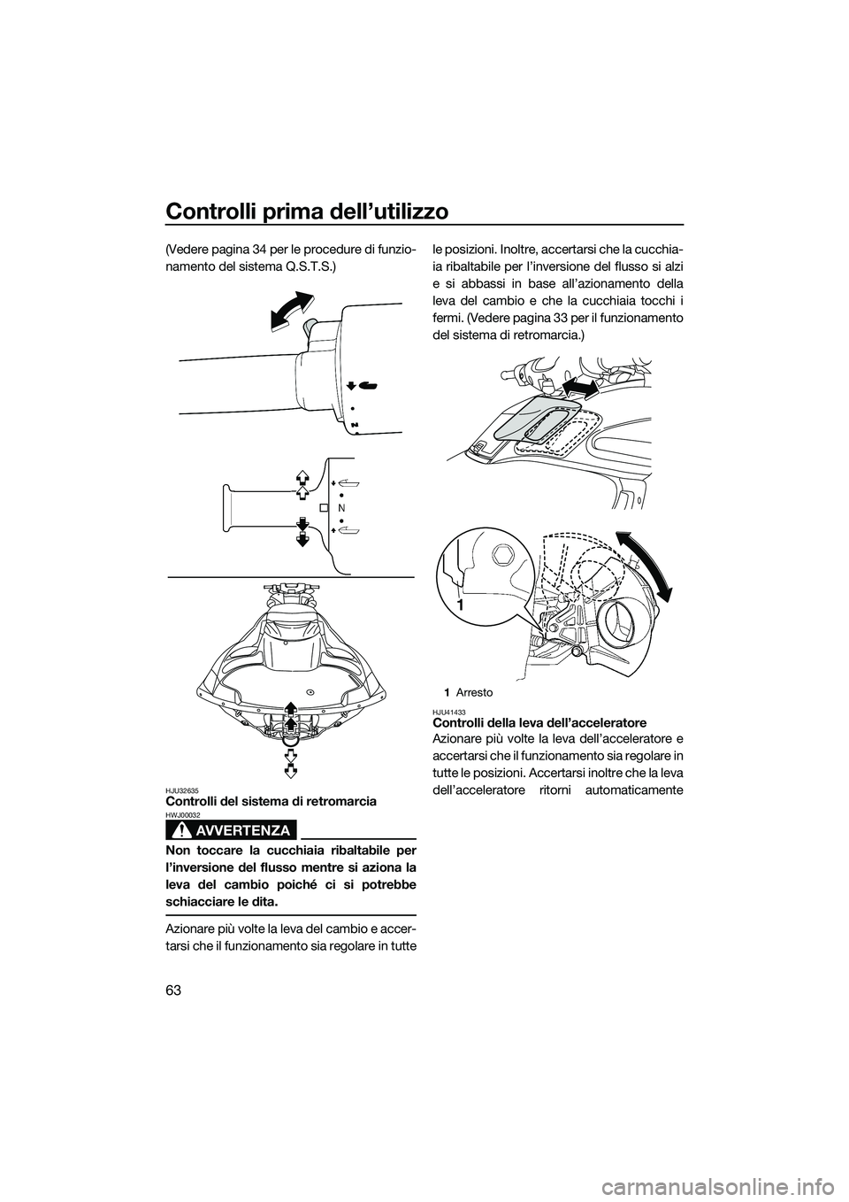 YAMAHA FZS SVHO 2015  Manuale duso (in Italian) Controlli prima dell’utilizzo
63
(Vedere pagina 34 per le procedure di funzio-
namento del sistema Q.S.T.S.)
HJU32635Controlli del sistema di retromarcia
AVVERTENZA
HWJ00032
Non toccare la cucchiaia