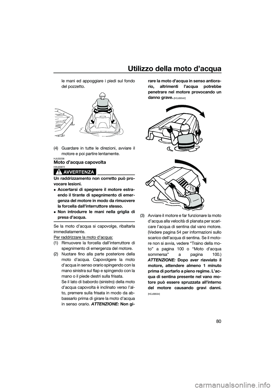 YAMAHA FZS SVHO 2015  Manuale duso (in Italian) Utilizzo della moto d’acqua
80
le mani ed appoggiare i piedi sul fondo
del pozzetto.
(4) Guardare in tutte le direzioni, avviare il motore e poi partire lentamente.
HJU33236Moto d’acqua capovolta
