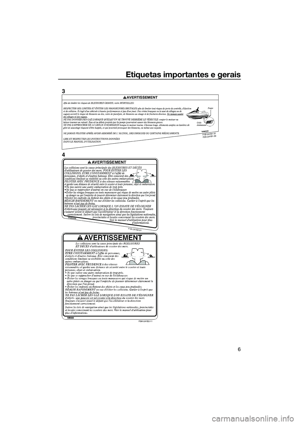 YAMAHA FZS SVHO 2015  Manual de utilização (in Portuguese) Etiquetas importantes e gerais
6
F1B -U 41 B1-3
1 
F 2S -U 41B 1-3
0
F0M-U41B2-11
3
4
UF3K71P0.book  Page 6  Thursday, August 14, 2014  1:33 PM 