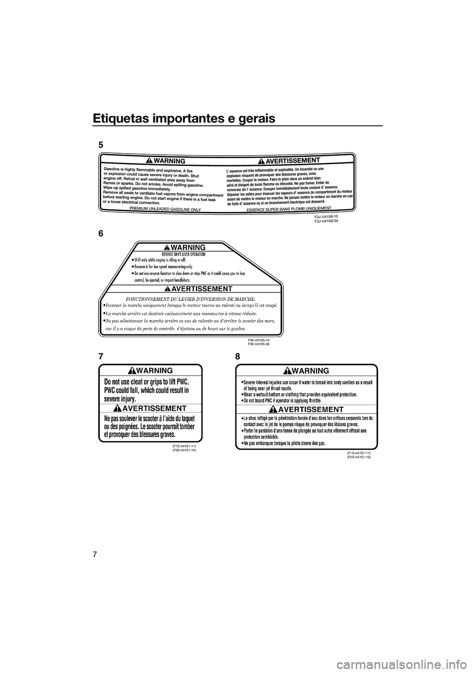 YAMAHA FZS SVHO 2015  Manual de utilização (in Portuguese) Etiquetas importantes e gerais
7
F3J-U415B-10 
F3J-U415B-30
(F1S-U41E1-11) 
(F2S-U41E1-10)(F1S-U41E1-11) 
(F2S-U41E1-10)
F3K-U41D5-10 
F3K-U41D5-30
5
6
78
UF3K71P0.book  Page 7  Thursday, August 14, 2