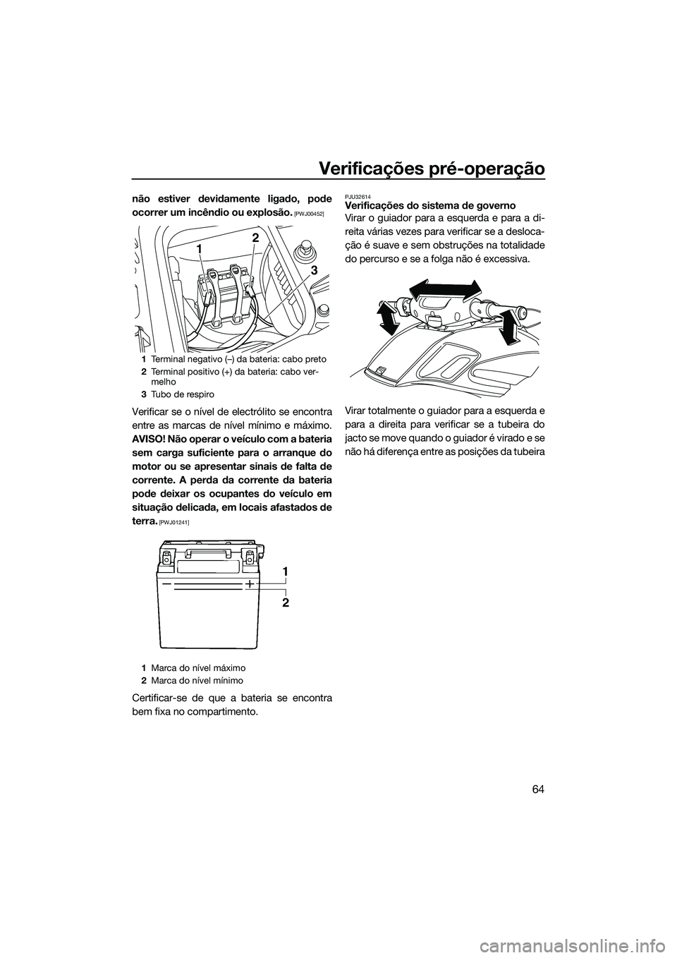 YAMAHA FZS SVHO 2015  Manual de utilização (in Portuguese) Verificações pré-operação
64
não estiver devidamente ligado, pode
ocorrer um incêndio ou explosão.
 [PWJ00452]
Verificar se o nível de electrólito se encontra
entre as marcas de nível míni