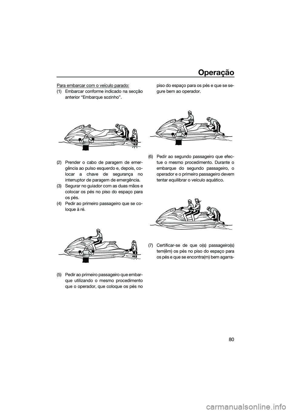 YAMAHA FZS SVHO 2015  Manual de utilização (in Portuguese) Operação
80
Para embarcar com o veículo parado:
(1) Embarcar conforme indicado na secçãoanterior “Embarque sozinho”.
(2) Prender o cabo de paragem de emer- gência ao pulso esquerdo e, depois