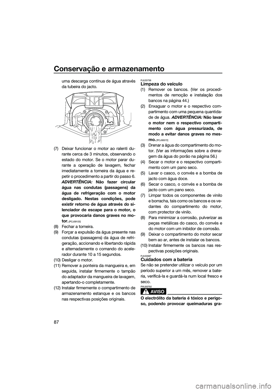 YAMAHA FZS SVHO 2015 Manual de utilização (in Portuguese) Conservação e armazenamento
87
uma descarga contínua de água através
da tubeira do jacto.
(7) Deixar funcionar o motor ao ralenti du- rante cerca de 3 minutos, observando o
estado do motor. Se o YAMAHA FZS SVHO 2015 Manual de utilização (in Portuguese) Conservação e armazenamento
87
uma descarga contínua de água através
da tubeira do jacto.
(7) Deixar funcionar o motor ao ralenti du- rante cerca de 3 minutos, observando o
estado do motor. Se o