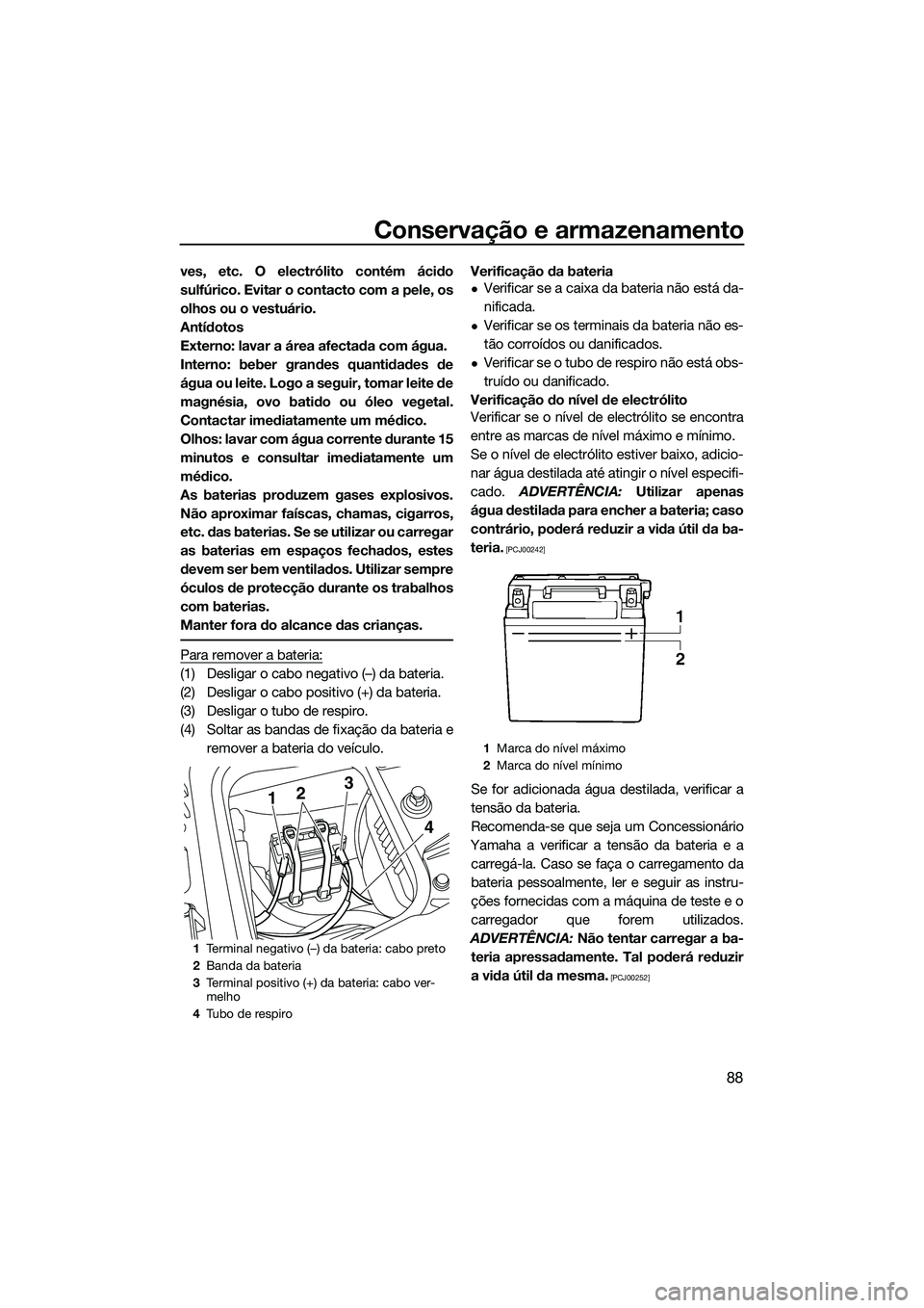 YAMAHA FZS SVHO 2015 Manual de utilização (in Portuguese) Conservação e armazenamento
88
ves, etc. O electrólito contém ácido
sulfúrico. Evitar o contacto com a pele, os
olhos ou o vestuário.
Antídotos
Externo: lavar a área afectada com água.
Inter YAMAHA FZS SVHO 2015 Manual de utilização (in Portuguese) Conservação e armazenamento
88
ves, etc. O electrólito contém ácido
sulfúrico. Evitar o contacto com a pele, os
olhos ou o vestuário.
Antídotos
Externo: lavar a área afectada com água.
Inter