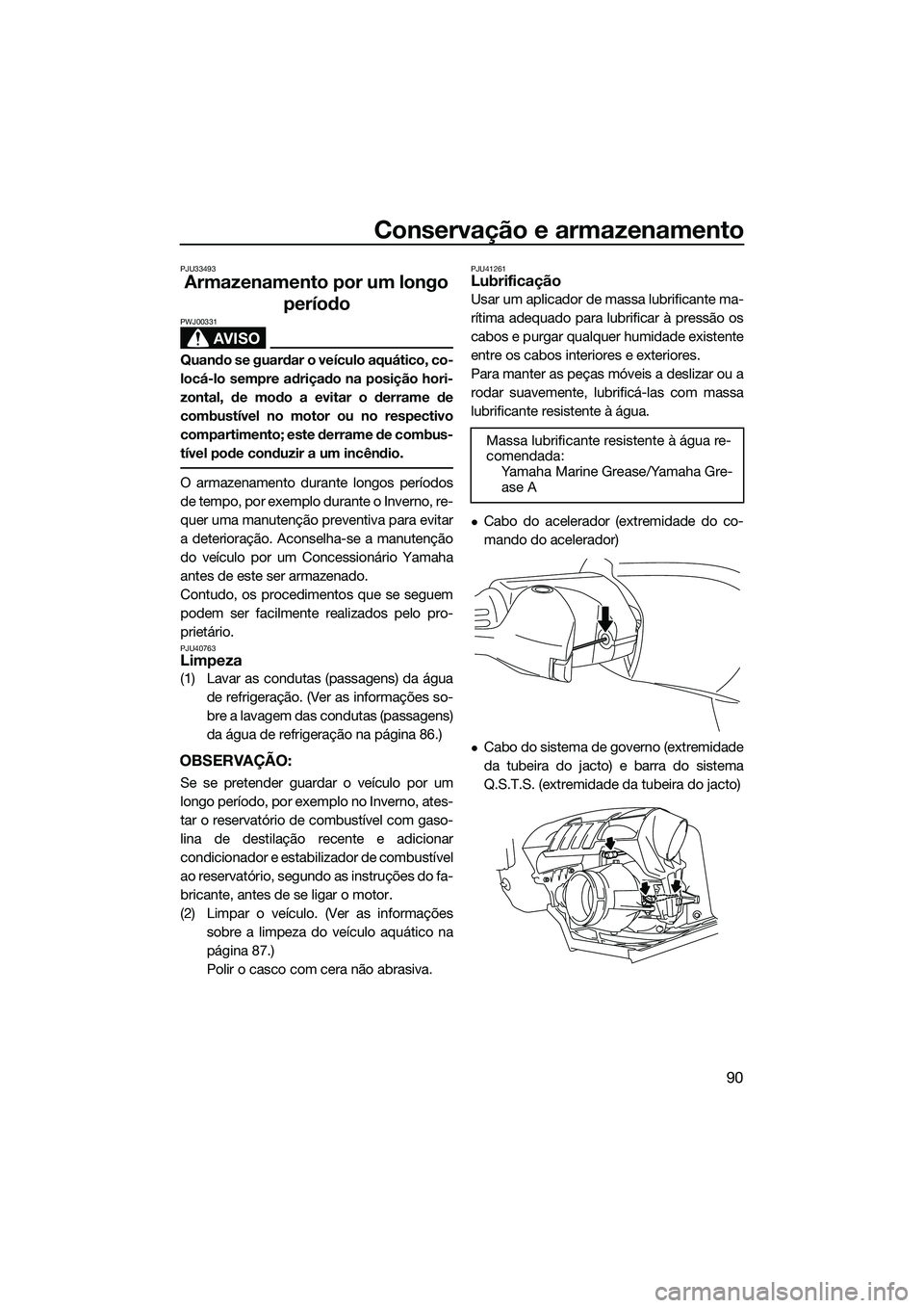 YAMAHA FZS SVHO 2015 Manual de utilização (in Portuguese) Conservação e armazenamento
90
PJU33493
Armazenamento por um longo período
AVISO
PWJ00331
Quando se guardar o veículo aquático, co-
locá-lo sempre adriçado na posição hori-
zontal, de modo a YAMAHA FZS SVHO 2015 Manual de utilização (in Portuguese) Conservação e armazenamento
90
PJU33493
Armazenamento por um longo período
AVISO
PWJ00331
Quando se guardar o veículo aquático, co-
locá-lo sempre adriçado na posição hori-
zontal, de modo a