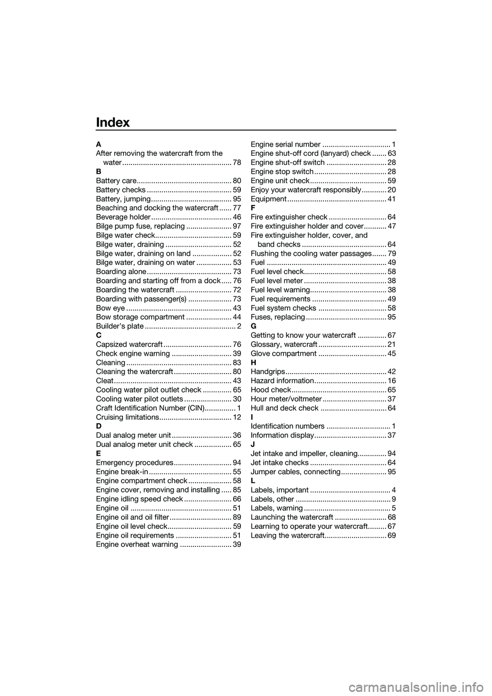 YAMAHA FZS SVHO 2014  Owners Manual Index
A
After removing the watercraft from the water ..................................................... 78
B
Battery care.............................................. 80
Battery checks ...........