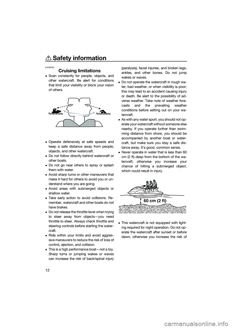 YAMAHA FZS SVHO 2014  Owners Manual Safety information
12
EJU30762
Cruising limitations
Scan constantly for people, objects, and
other watercraft. Be alert for conditions
that limit your visibility or block your vision
of others.
