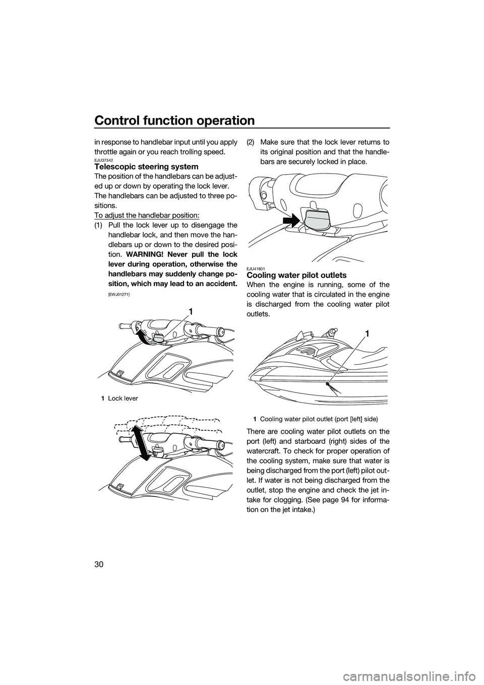 YAMAHA FZS SVHO 2014  Owners Manual Control function operation
30
in response to handlebar input until you apply
throttle again or you reach trolling speed.
EJU37342Telescopic steering system
The position of the handlebars can be adjust