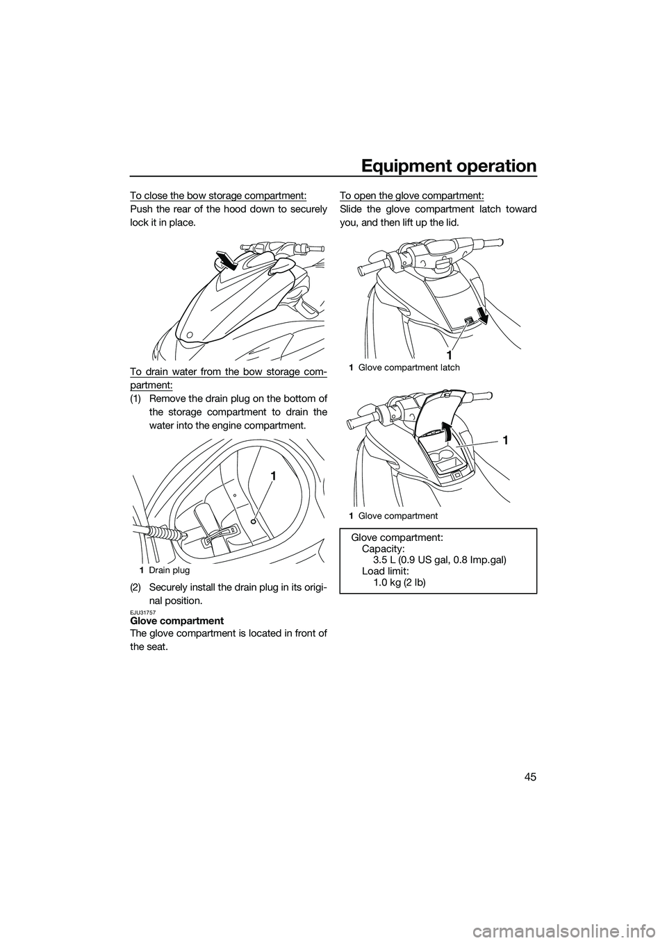 YAMAHA FZS SVHO 2014  Owners Manual Equipment operation
45
To close the bow storage compartment:
Push the rear of the hood down to securely
lock it in place.
To drain water from the bow storage com-
partment:
(1) Remove the drain plug o