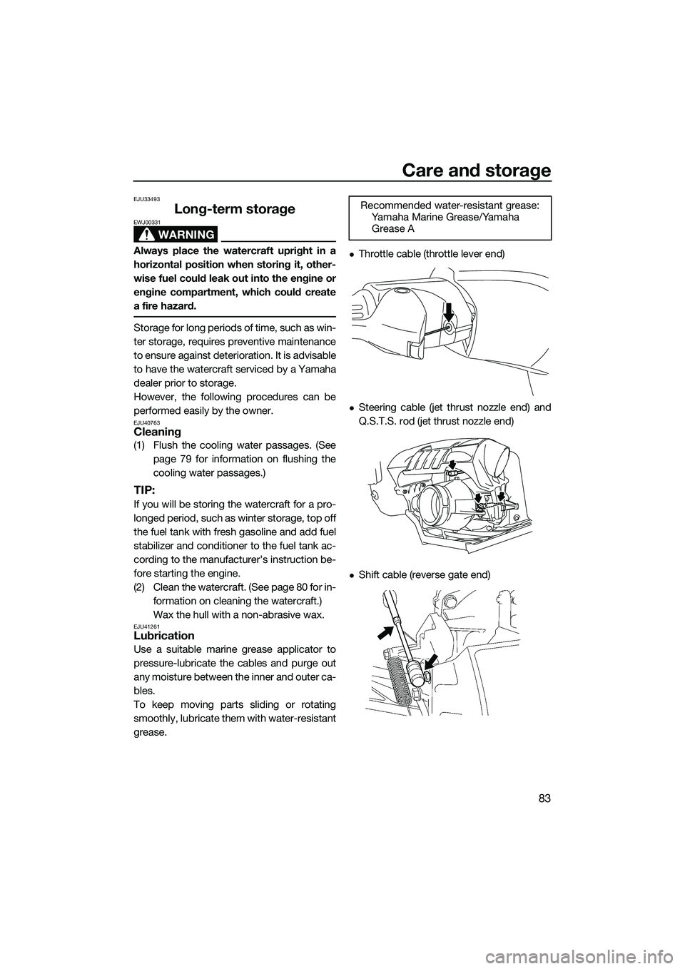 YAMAHA FZS SVHO 2014  Owners Manual Care and storage
83
EJU33493
Long-term storage
WARNING
EWJ00331
Always place the watercraft upright in a
horizontal position when storing it, other-
wise fuel could leak out into the engine or
engine 