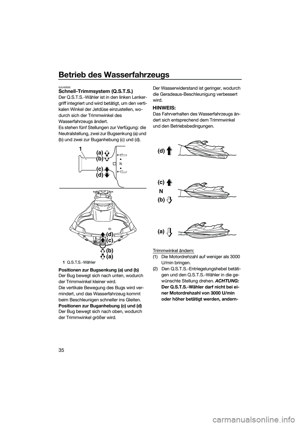 YAMAHA FZS SVHO 2014 Betriebsanleitungen (in German) Betrieb des Wasserfahrzeugs
35
GJU42650Schnell-Trimmsystem (Q.S.T.S.)
Der Q.S.T.S.-Wähler ist in den linken Lenker-
griff integriert und wird betätigt, um den verti-
kalen Winkel der Jetdüse einzus YAMAHA FZS SVHO 2014 Betriebsanleitungen (in German) Betrieb des Wasserfahrzeugs
35
GJU42650Schnell-Trimmsystem (Q.S.T.S.)
Der Q.S.T.S.-Wähler ist in den linken Lenker-
griff integriert und wird betätigt, um den verti-
kalen Winkel der Jetdüse einzus