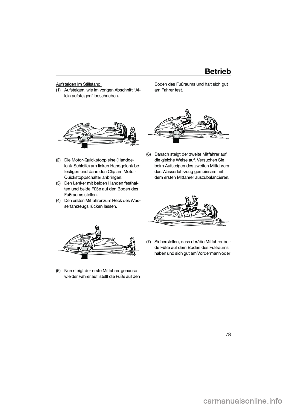 YAMAHA FZS SVHO 2014  Betriebsanleitungen (in German) Betrieb
78
Aufsteigen im Stillstand:
(1) Aufsteigen, wie im vorigen Abschnitt “Al-lein aufsteigen” beschrieben.
(2) Die Motor-Quickstoppleine (Handge- lenk-Schleife) am linken Handgelenk be-
festi