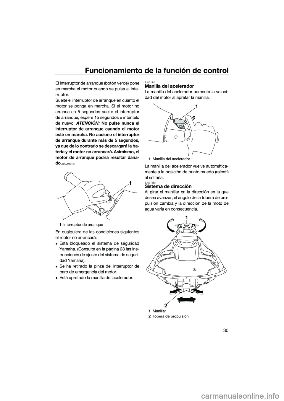 YAMAHA FZS SVHO 2014  Manuale de Empleo (in Spanish) Funcionamiento de la función de control
30
El interruptor de arranque (botón verde) pone
en marcha el motor cuando se pulsa el inte-
rruptor.
Suelte el interruptor de arranque en cuanto el
motor se 