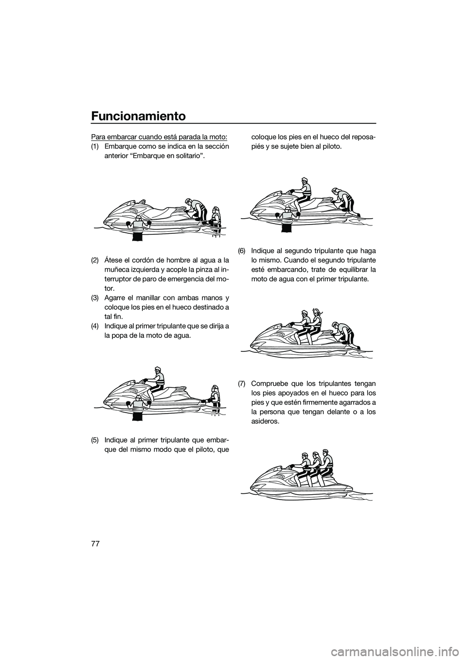 YAMAHA FZS SVHO 2014  Manuale de Empleo (in Spanish) Funcionamiento
77
Para embarcar cuando está parada la moto:
(1) Embarque como se indica en la secciónanterior “Embarque en solitario”.
(2) Átese el cordón de hombre al agua a la muñeca izquie