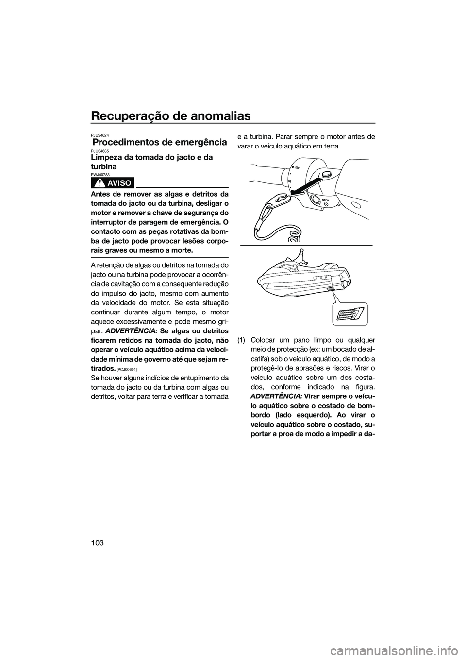 YAMAHA FZS SVHO 2014 Manual de utilização (in Portuguese) Recuperação de anomalias
103
PJU34624
Procedimentos de emergênciaPJU34635Limpeza da tomada do jacto e da
turbina
AVISO
PWJ00783
Antes de remover as algas e detritos da
tomada do jacto ou da turbin YAMAHA FZS SVHO 2014 Manual de utilização (in Portuguese) Recuperação de anomalias
103
PJU34624
Procedimentos de emergênciaPJU34635Limpeza da tomada do jacto e da
turbina
AVISO
PWJ00783
Antes de remover as algas e detritos da
tomada do jacto ou da turbin