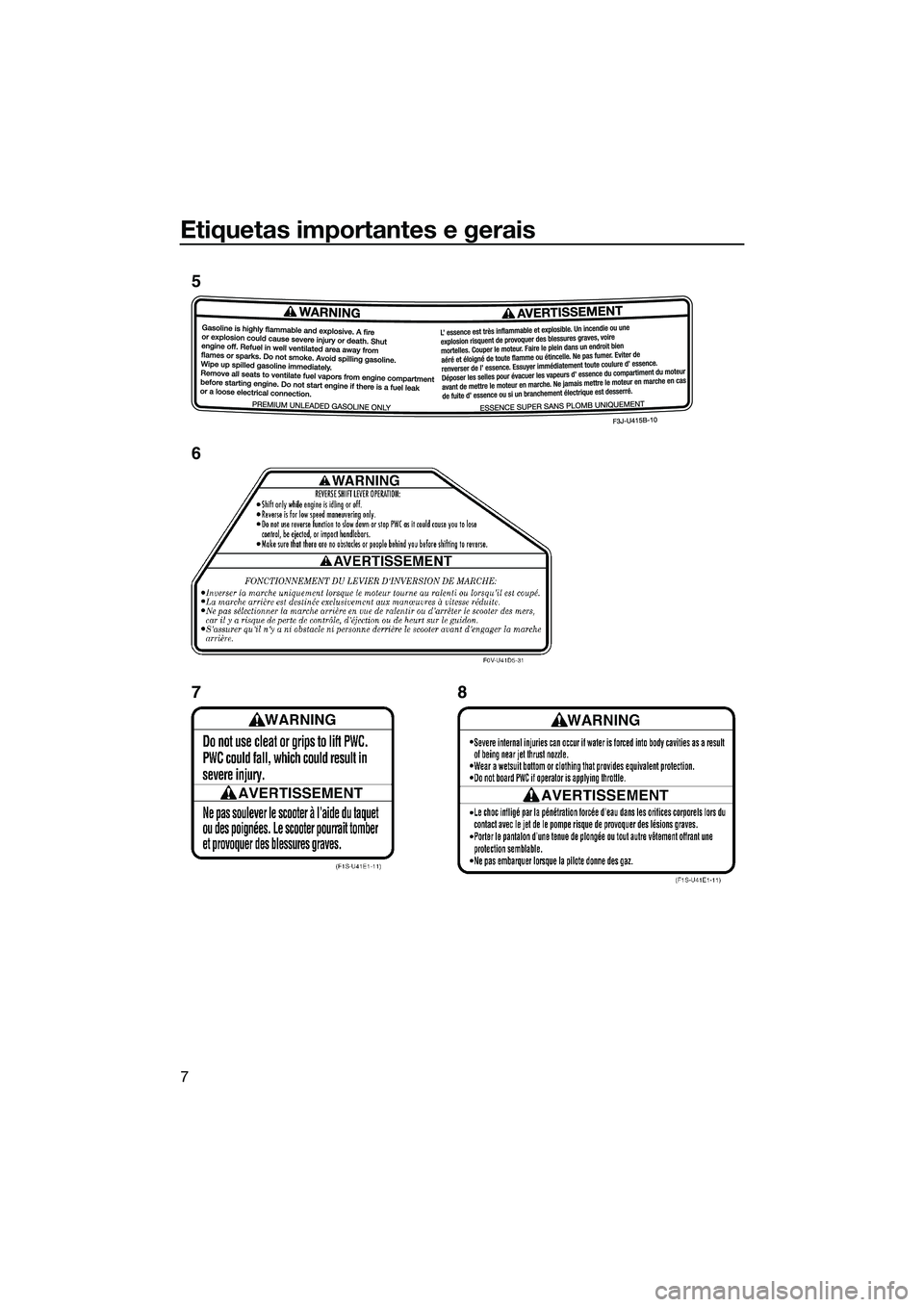 YAMAHA FZS SVHO 2014  Manual de utilização (in Portuguese) Etiquetas importantes e gerais
7
5
6
78
UF3K70P0.book  Page 7  Monday, November 4, 2013  2:15 PM 