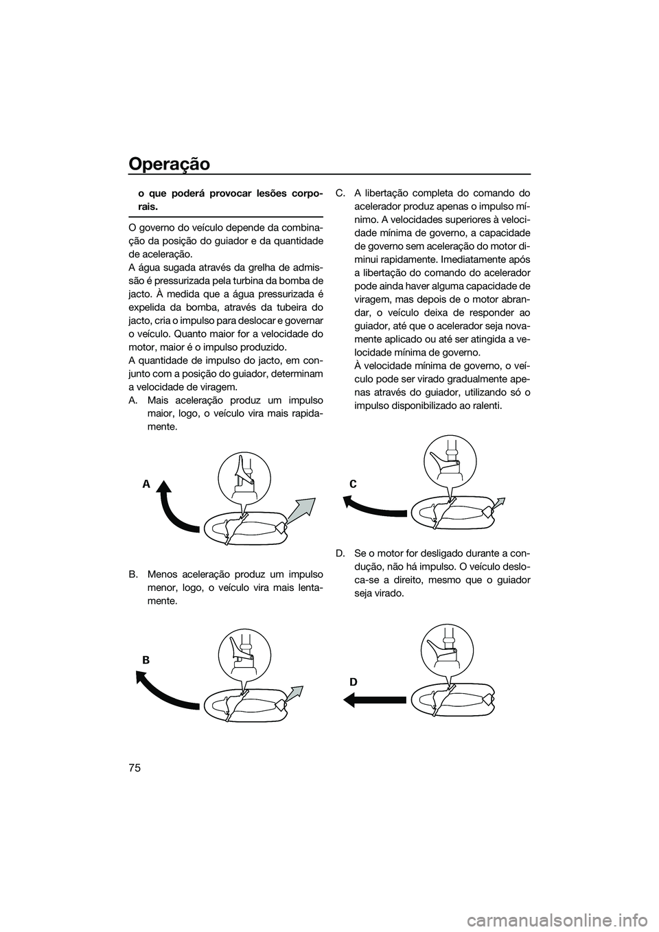YAMAHA FZS SVHO 2014 Manual de utilização (in Portuguese) Operação
75
o que poderá provocar lesões corpo-
rais.
O governo do veículo depende da combina-
ção da posição do guiador e da quantidade
de aceleração.
A água sugada através da grelha de YAMAHA FZS SVHO 2014 Manual de utilização (in Portuguese) Operação
75
o que poderá provocar lesões corpo-
rais.
O governo do veículo depende da combina-
ção da posição do guiador e da quantidade
de aceleração.
A água sugada através da grelha de