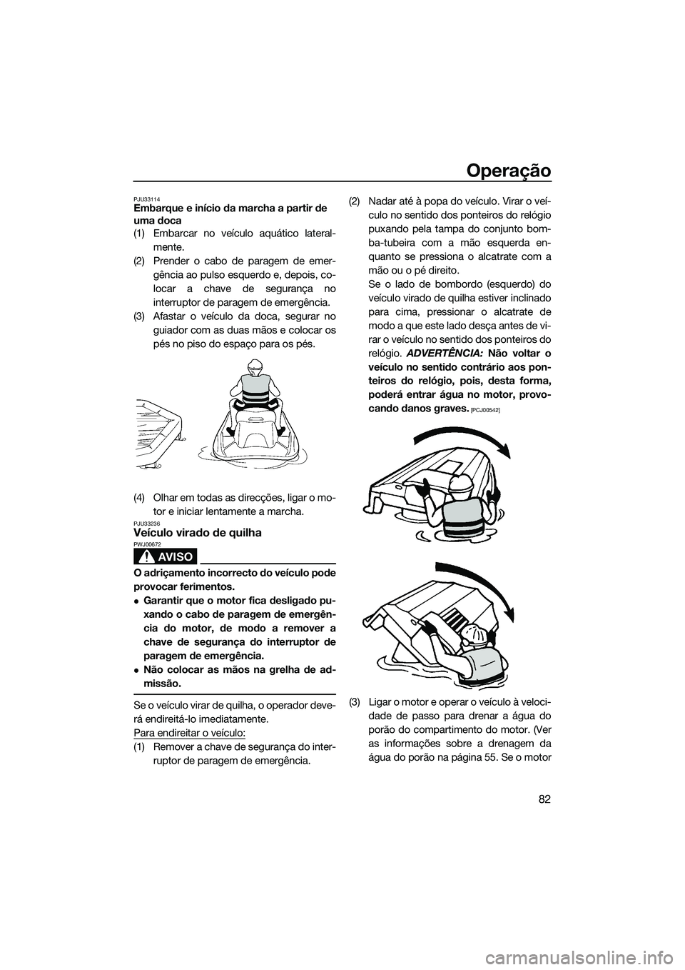 YAMAHA FZS SVHO 2014 Manual de utilização (in Portuguese) Operação
82
PJU33114Embarque e início da marcha a partir de
uma doca
(1) Embarcar no veículo aquático lateral-mente.
(2) Prender o cabo de paragem de emer- gência ao pulso esquerdo e, depois, c YAMAHA FZS SVHO 2014 Manual de utilização (in Portuguese) Operação
82
PJU33114Embarque e início da marcha a partir de
uma doca
(1) Embarcar no veículo aquático lateral-mente.
(2) Prender o cabo de paragem de emer- gência ao pulso esquerdo e, depois, c