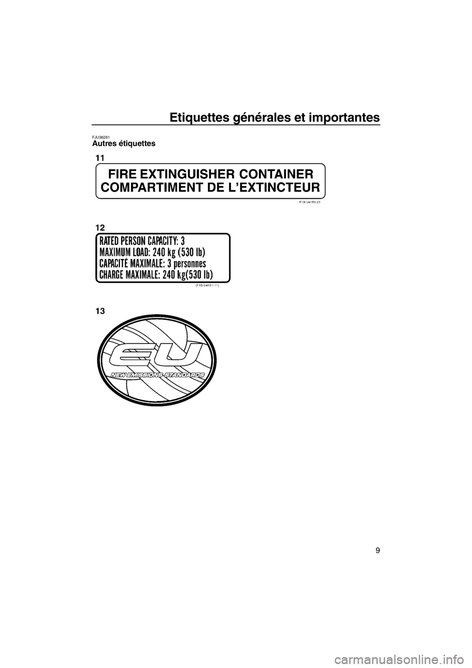 YAMAHA FZS SVHO 2013  Notices Demploi (in French) Etiquettes générales et importantes
9
FJU36261Autres étiquettes 
UF2C74F0.book  Page 9  Tuesday, August 7, 2012  1:15 PM 
