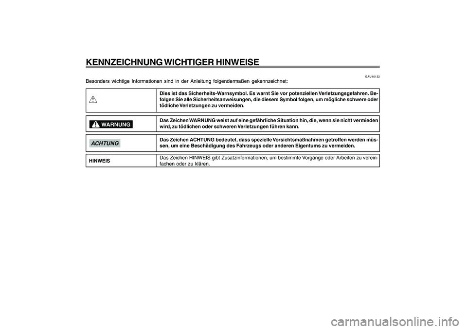 YAMAHA GIGGLE50 2009  Betriebsanleitungen (in German) 1
2
3
4
5
6
7
8
9
Q
GAU10122
KENNZEICHNUNG WICHTIGER  HINWEISE
GAU10132
Besonders wichtige Informationen sind in der Anleitung folgendermaßen gekennzeichnet:
Dies ist das Sicherheits-Warnsymbol. Es w
