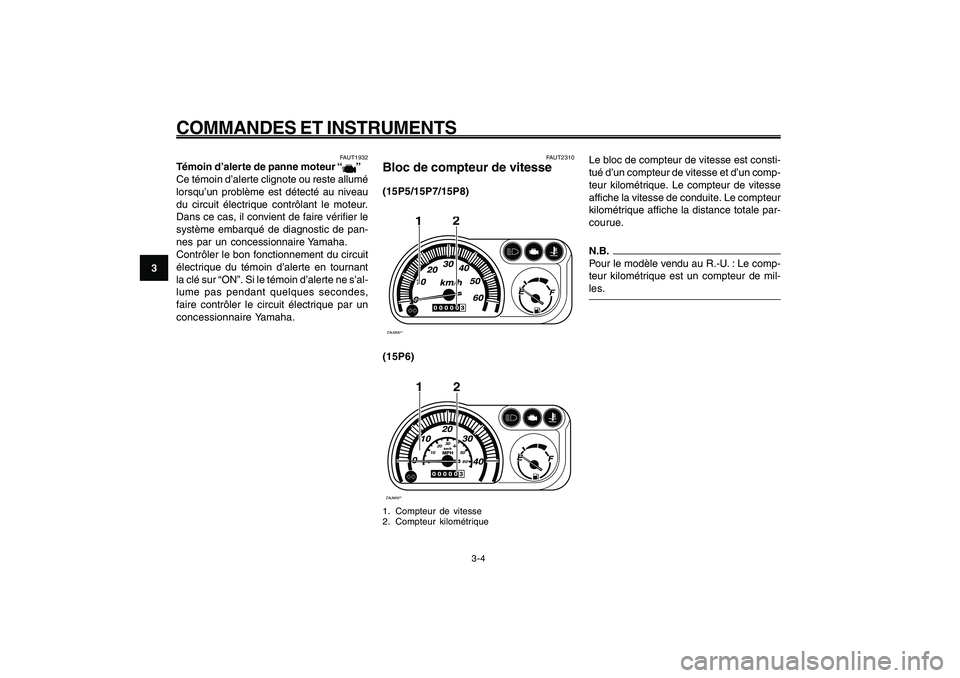YAMAHA GIGGLE50 2009  Notices Demploi (in French) 3-20
1
2
3
4
5
6
7
8
9
FAU1044E
COMMANDES ET INSTRUMENTS
3-4
FAUT2310
Bloc de compteur de vitesse(15P5/15P7/15P8)ZAUM00**
2
1
(15P6)ZAUM00**
2
0102030
40
50
60
1
1. Compteur de vitesse
2. Compteur kil
