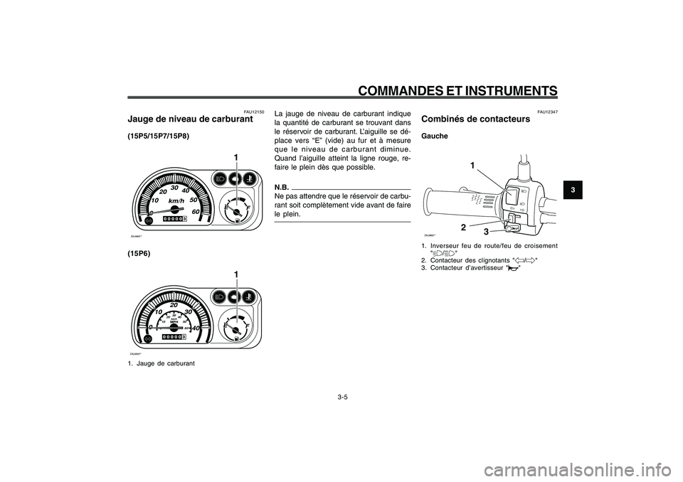 YAMAHA GIGGLE50 2009  Notices Demploi (in French) 3-21
1
2
3
4
5
6
7
8
9
FAU1044E
COMMANDES ET INSTRUMENTS
3-5
La jauge de niveau de carburant indique
la quantité de carburant se trouvant dans
le réservoir de carburant. L’aiguille se dé-
place v