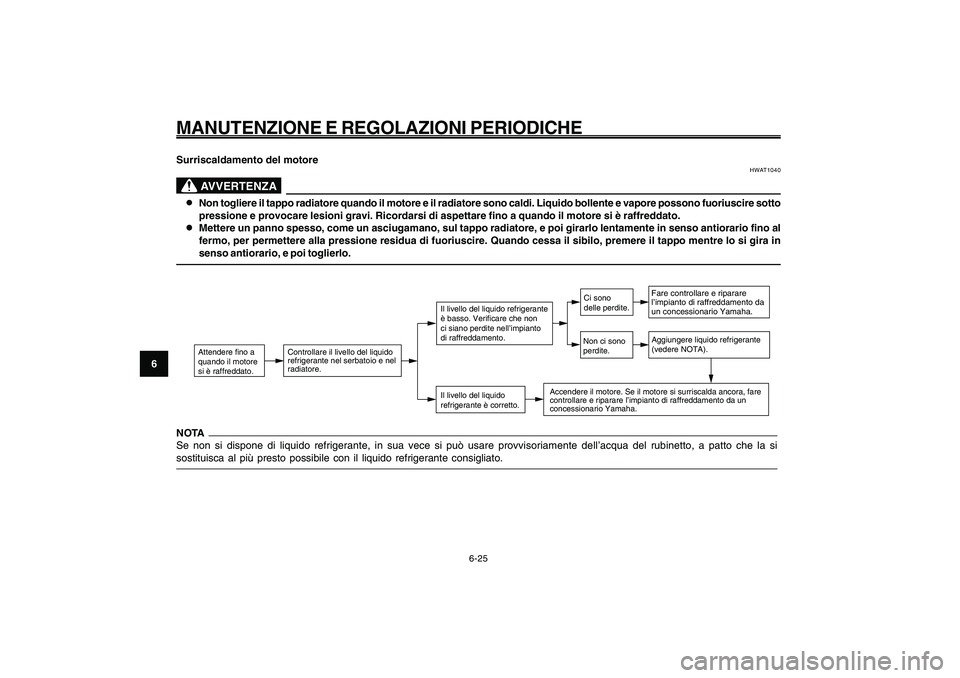 YAMAHA GIGGLE50 2009  Manuale duso (in Italian) 6-60
1
2
3
4
5
6
7
8
9
HAU1722A
MANUTENZIONE E REGOLAZIONI PERIODICHE
6-25
Surriscaldamento del motore
HWAT1040
AVVERTENZA
8 88 8
8Non togliere il tappo radiatore quando il motore e il radiatore sono 