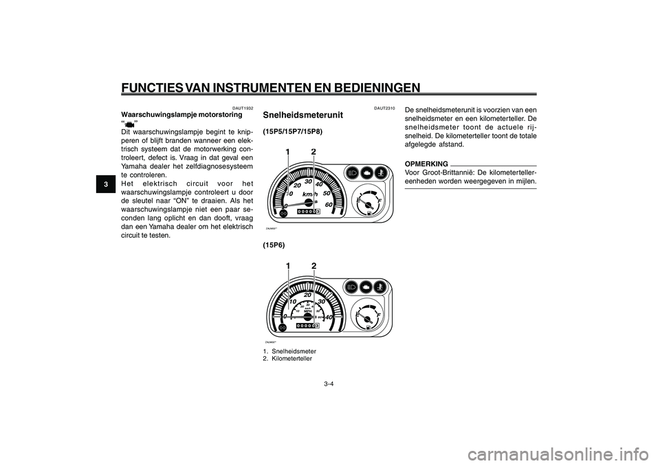 YAMAHA GIGGLE50 2009 Instructieboekje (in Dutch) 3-20
1
2
3
4
5
6
7
8
9
DAU1044E
FUNCTIES VAN INSTRUMENTEN EN BEDIENINGEN
3-4
DAUT2310
Snelheidsmeterunit(15P5/15P7/15P8)ZAUM00**
2
1
(15P6)ZAUM00**
2
0102030
40
50
60
1
1. Snelheidsmeter
2. Kilometert YAMAHA GIGGLE50 2009 Instructieboekje (in Dutch) 3-20
1
2
3
4
5
6
7
8
9
DAU1044E
FUNCTIES VAN INSTRUMENTEN EN BEDIENINGEN
3-4
DAUT2310
Snelheidsmeterunit(15P5/15P7/15P8)ZAUM00**
2
1
(15P6)ZAUM00**
2
0102030
40
50
60
1
1. Snelheidsmeter
2. Kilometert