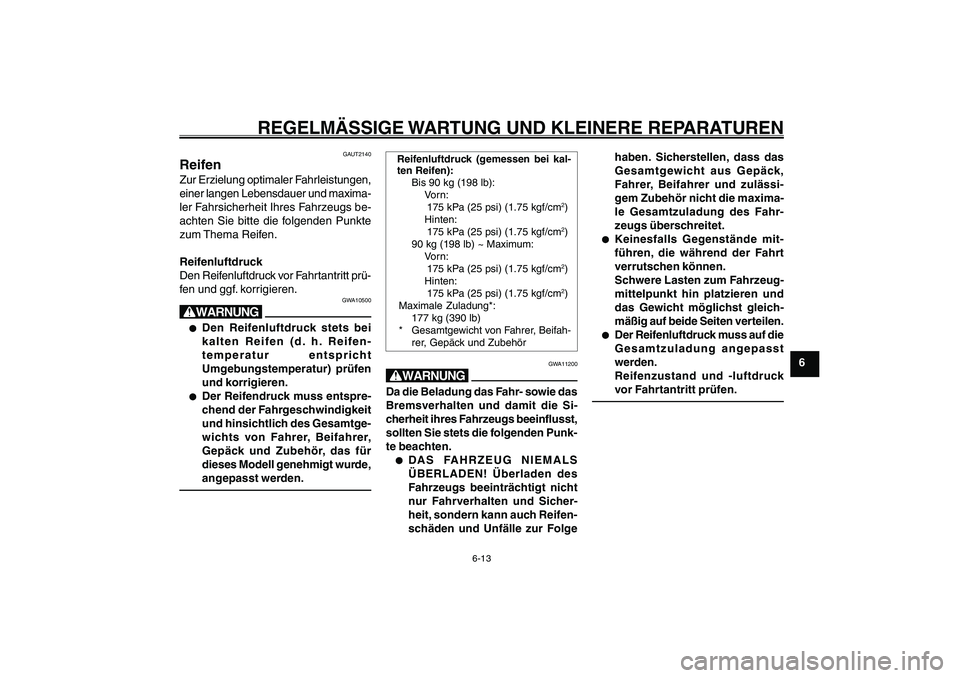 YAMAHA GIGGLE50 2007 Betriebsanleitungen (in German) 6-13
1
2
3
4
5
6
7
8
9
GAU17226
REGELMÄSSIGE WARTUNG UND KLEINERE REPARATUREN
Reifen<IXE>
GAUT2140
ReifenZur Erzielung optimaler Fahrleistungen,
einer langen Lebensdauer und maxima-
ler Fahrsicherhei YAMAHA GIGGLE50 2007 Betriebsanleitungen (in German) 6-13
1
2
3
4
5
6
7
8
9
GAU17226
REGELMÄSSIGE WARTUNG UND KLEINERE REPARATUREN
Reifen<IXE>
GAUT2140
ReifenZur Erzielung optimaler Fahrleistungen,
einer langen Lebensdauer und maxima-
ler Fahrsicherhei