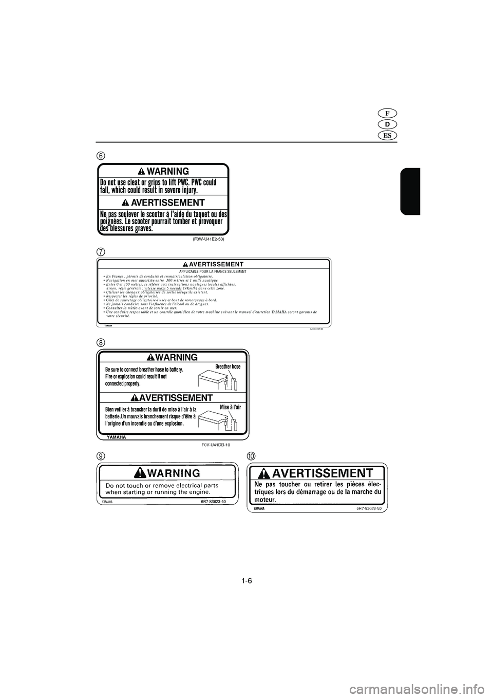 YAMAHA GP1200 2003  Notices Demploi (in French) 1-6
D
F
ES
6
7
8
90
UF0X83A0.book  Page 6  Friday, July 19, 2002  5:26 PM 