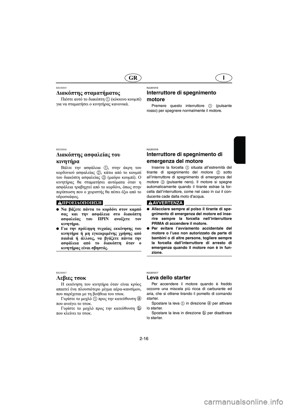 YAMAHA GP1200 2003 Manual de utilização (in Portuguese) 2-16
IGR
RJU01015
Διακόπτης σταματήματος
Πιέστε αυτό το διακόπτη 1 (κόκκινο κουμπί)
για να σταματήσει ο κινητήρας κα YAMAHA GP1200 2003 Manual de utilização (in Portuguese) 2-16
IGR
RJU01015
Διακόπτης σταματήματος
Πιέστε αυτό το διακόπτη 1 (κόκκινο κουμπί)
για να σταματήσει ο κινητήρας κα
