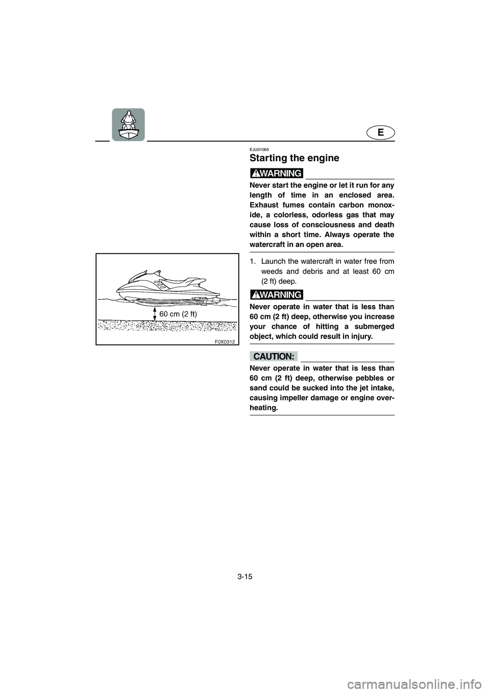 YAMAHA GP1200 2002  Owners Manual 3-15
E
EJU01065 
Starting the engine  
WARNING@ Never start the engine or let it run for any
length of time in an enclosed area.
Exhaust fumes contain carbon monox-
ide, a colorless, odorless gas that