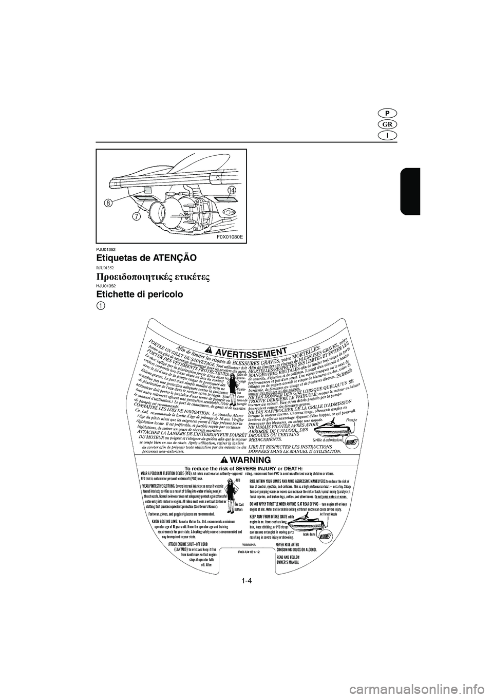 YAMAHA GP1200 2002  Manual de utilização (in Portuguese) 1-4
GR
P
I
PJU01352 
Etiquetas de ATENÇÃO 
RJU01352 
Προειδοποιητικές ετικέτες HJU01352 
Etichette di pericolo 
1
UF0X82B0.book  Page 4  Friday, August 3, 2001  11:50 AM 