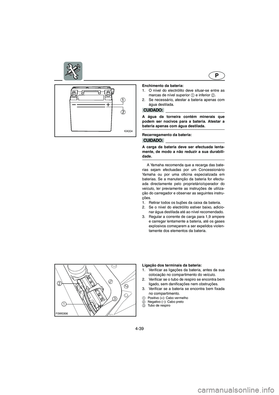 YAMAHA GP1200 2002 Manual de utilização (in Portuguese) 4-39
P
Enchimento da bateria:
1. O nível do electrólito deve situar-se entre as
marcas de nível superior 1
e inferior 2
.
2. Se necessário, atestar a bateria apenas com
água destilada.
@ A á YAMAHA GP1200 2002 Manual de utilização (in Portuguese) 4-39
P
Enchimento da bateria:
1. O nível do electrólito deve situar-se entre as
marcas de nível superior 1
e inferior 2
.
2. Se necessário, atestar a bateria apenas com
água destilada.
@ A á