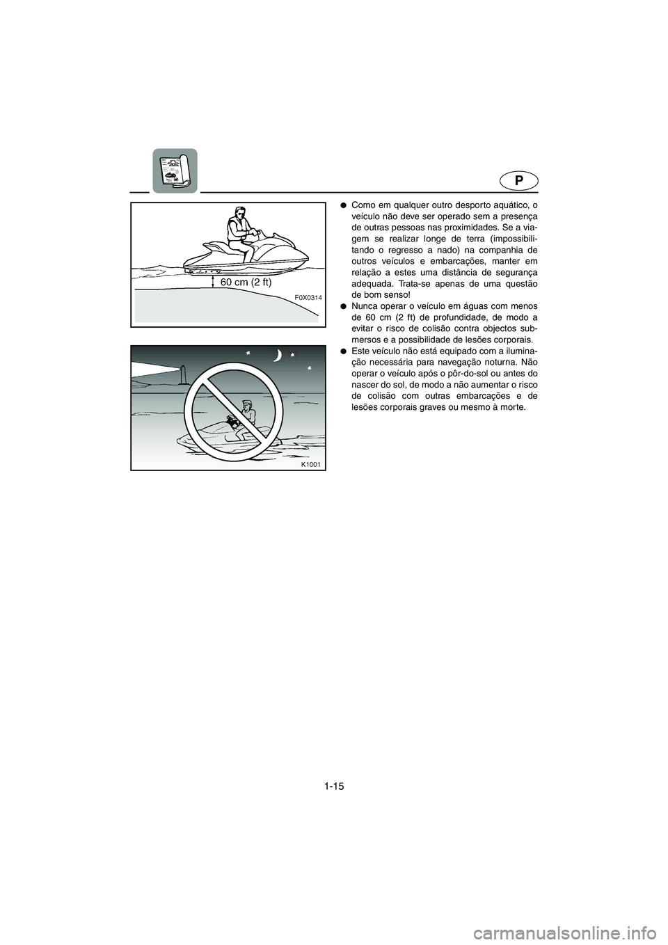 YAMAHA GP1200 2002  Manual de utilização (in Portuguese) 1-15
P
Como em qualquer outro despor to aquático, o
veículo não deve ser operado sem a presença
de outras pessoas nas proximidades. Se a via-
gem se realizar longe de terra (impossibili-
tando o 