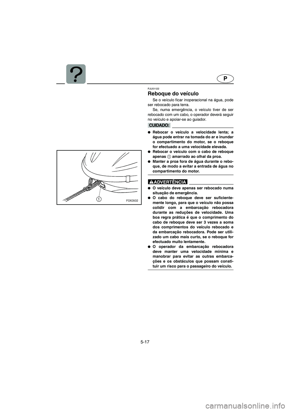 YAMAHA GP1200 2002 Manual de utilização (in Portuguese) 5-17
P
PJU01122
Reboque do veículo
Se o veículo ficar inoperacional na água, pode
ser rebocado para terra.
Se, numa emergência, o veículo tiver de ser
rebocado com um cabo, o operador deverá YAMAHA GP1200 2002 Manual de utilização (in Portuguese) 5-17
P
PJU01122
Reboque do veículo
Se o veículo ficar inoperacional na água, pode
ser rebocado para terra.
Se, numa emergência, o veículo tiver de ser
rebocado com um cabo, o operador deverá