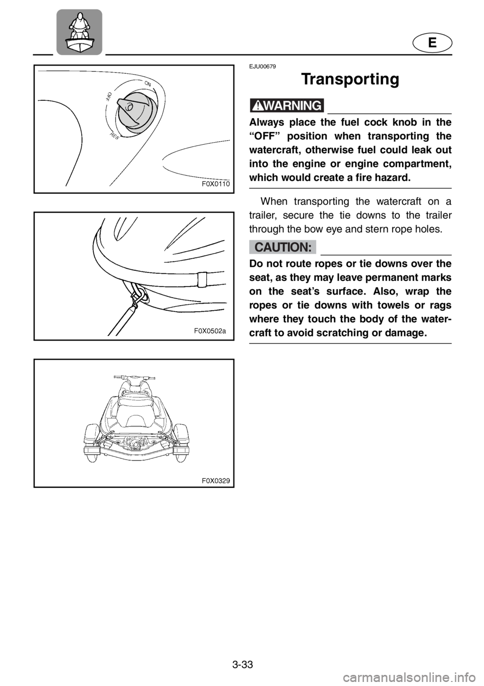 YAMAHA GP1200 2001  Owners Manual 3-33
E
EJU00679
Transporting
WARNING
Always place the fuel cock knob in the
“OFF” position when transporting the
watercraft, otherwise fuel could leak out
into the engine or engine compartment,
wh