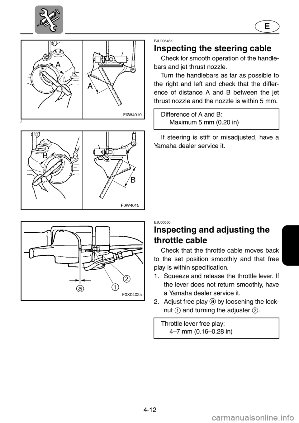 YAMAHA GP1200 2001  Owners Manual 4-12
E
j
EJU00546a
Inspecting the steering cable
Check for smooth operation of the handle-
bars and jet thrust nozzle.
Turn the handlebars as far as possible to
the right and left and check that the d