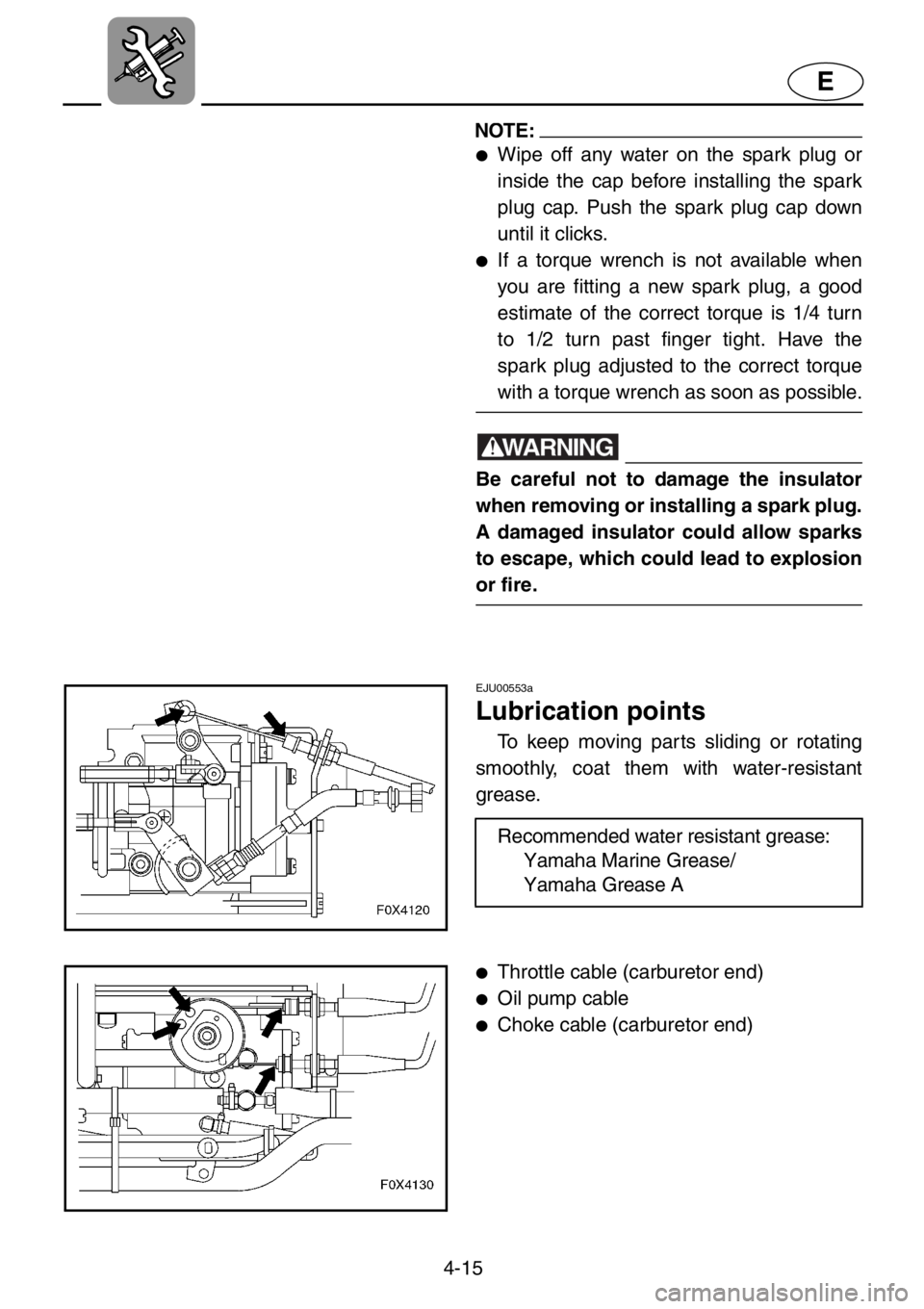 YAMAHA GP1200 2001  Owners Manual 4-15
E
NOTE:
●Wipe off any water on the spark plug or
inside the cap before installing the spark
plug cap. Push the spark plug cap down
until it clicks.
●If a torque wrench is not available when
y