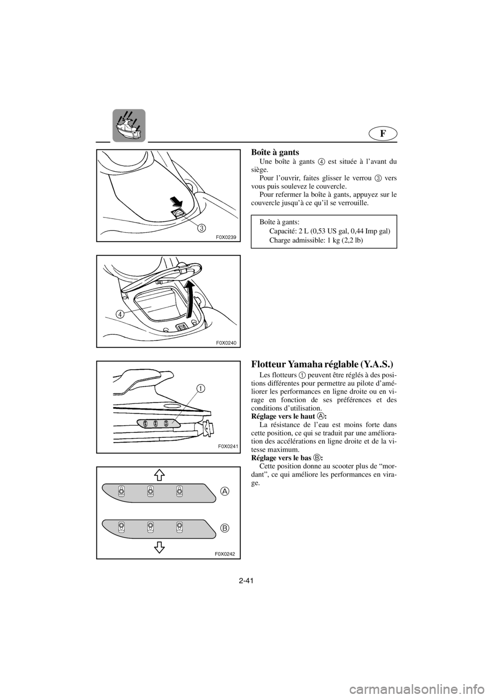 YAMAHA GP1200 2001  Betriebsanleitungen (in German) 2-41
F
Boîte à gants  
Une boîte à gants 4 est située à l’avant du
siège. 
Pour l’ouvrir, faites glisser le verrou 3 vers
vous puis soulevez le couvercle. 
Pour refermer la boîte à gants,