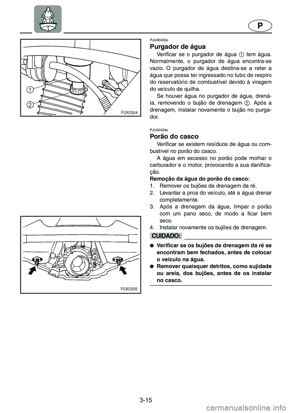 YAMAHA GP1200 2001  Manual de utilização (in Portuguese) 3-15
P
PJU00432a 
Purgador de água  
Verificar se o purgador de água 1
 tem água.
Normalmente, o purgador de água encontra-se
vazio. O purgador de água destina-se a reter a
água que possa ter in