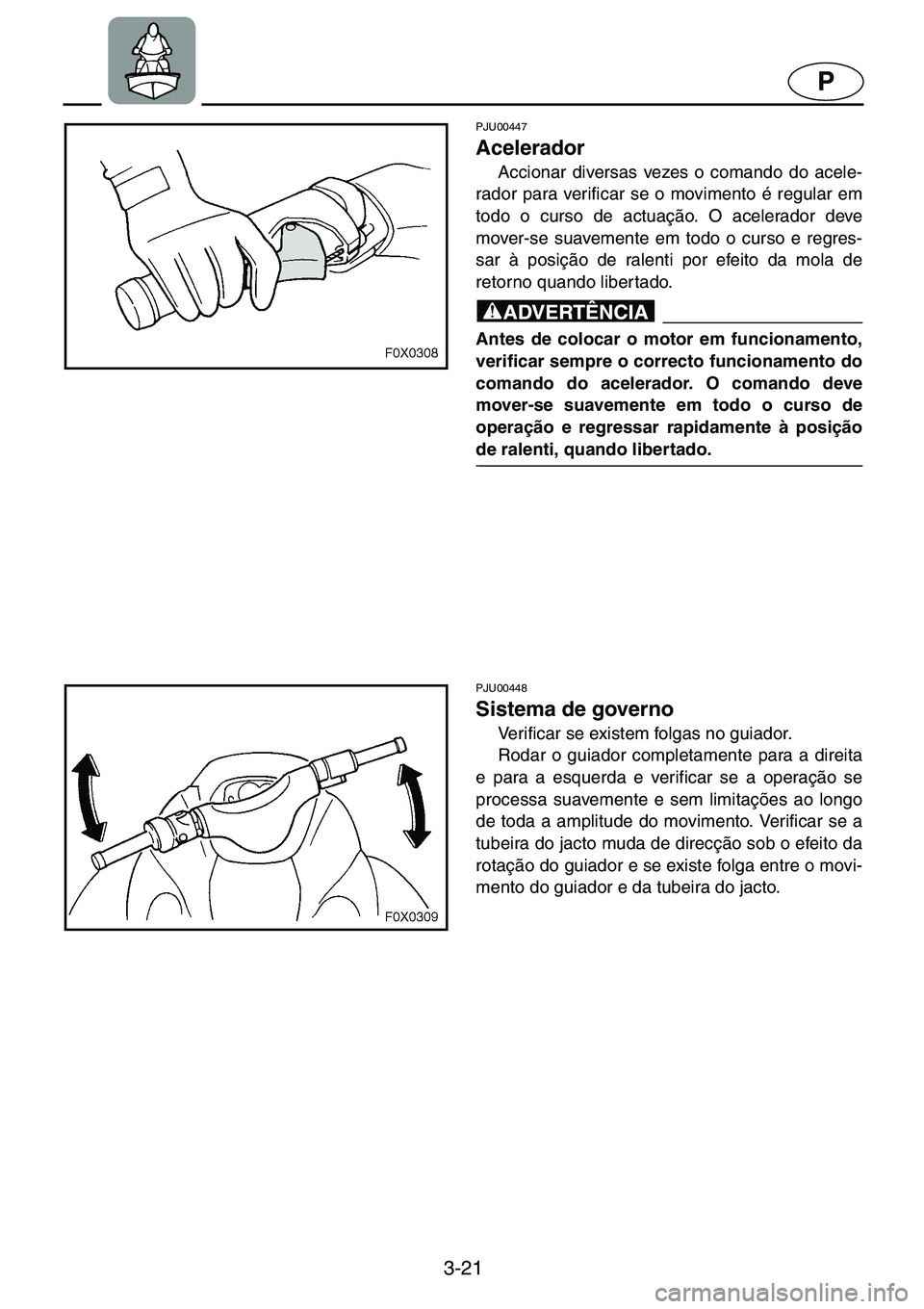 YAMAHA GP1200 2001  ΟΔΗΓΌΣ ΧΡΉΣΗΣ (in Greek) 3-21
P
PJU00447 
Acelerador  
Accionar diversas vezes o comando do acele-
rador para verificar se o movimento é regular em
todo o curso de actuação. O acelerador deve
mover-se suavemente em todo o 