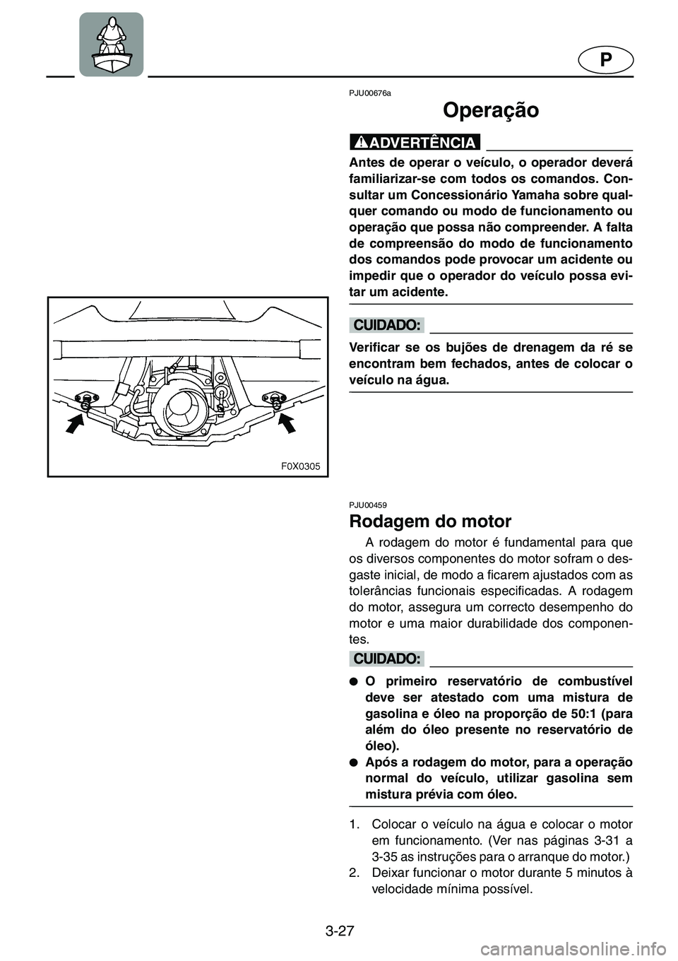 YAMAHA GP1200 2001  ΟΔΗΓΌΣ ΧΡΉΣΗΣ (in Greek) 3-27
P
PJU00676a 
Operação
@Antes de operar o veículo, o operador deverá
familiarizar-se com todos os comandos. Con-
sultar um Concessionário Yamaha sobre qual-
quer comando ou modo de funcioname