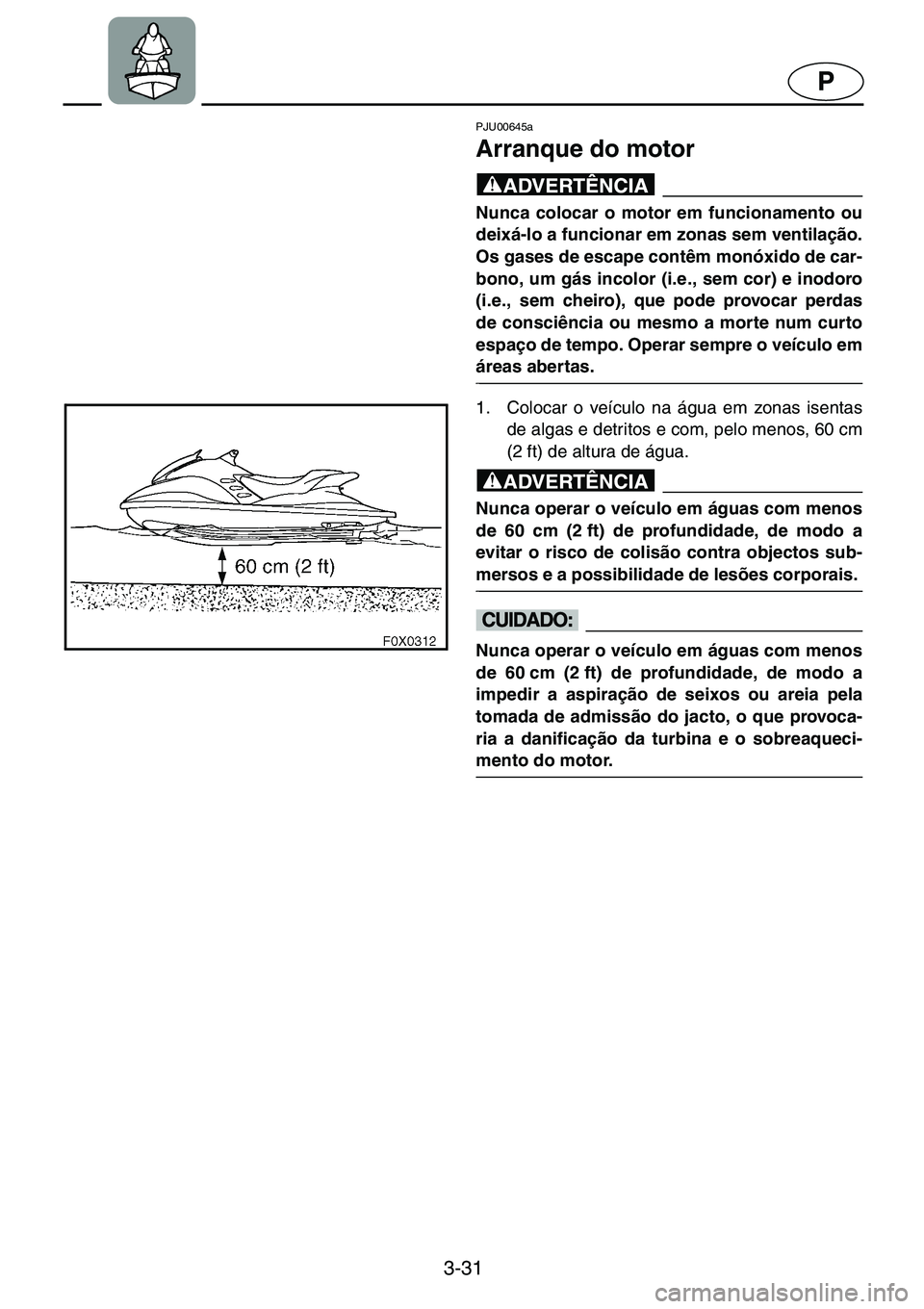 YAMAHA GP1200 2001  ΟΔΗΓΌΣ ΧΡΉΣΗΣ (in Greek) 3-31
P
PJU00645a 
Arranque do motor  
@Nunca colocar o motor em funcionamento ou
deixá-lo a funcionar em zonas sem ventilação.
Os gases de escape contêm monóxido de car-
bono, um gás incolor (i.