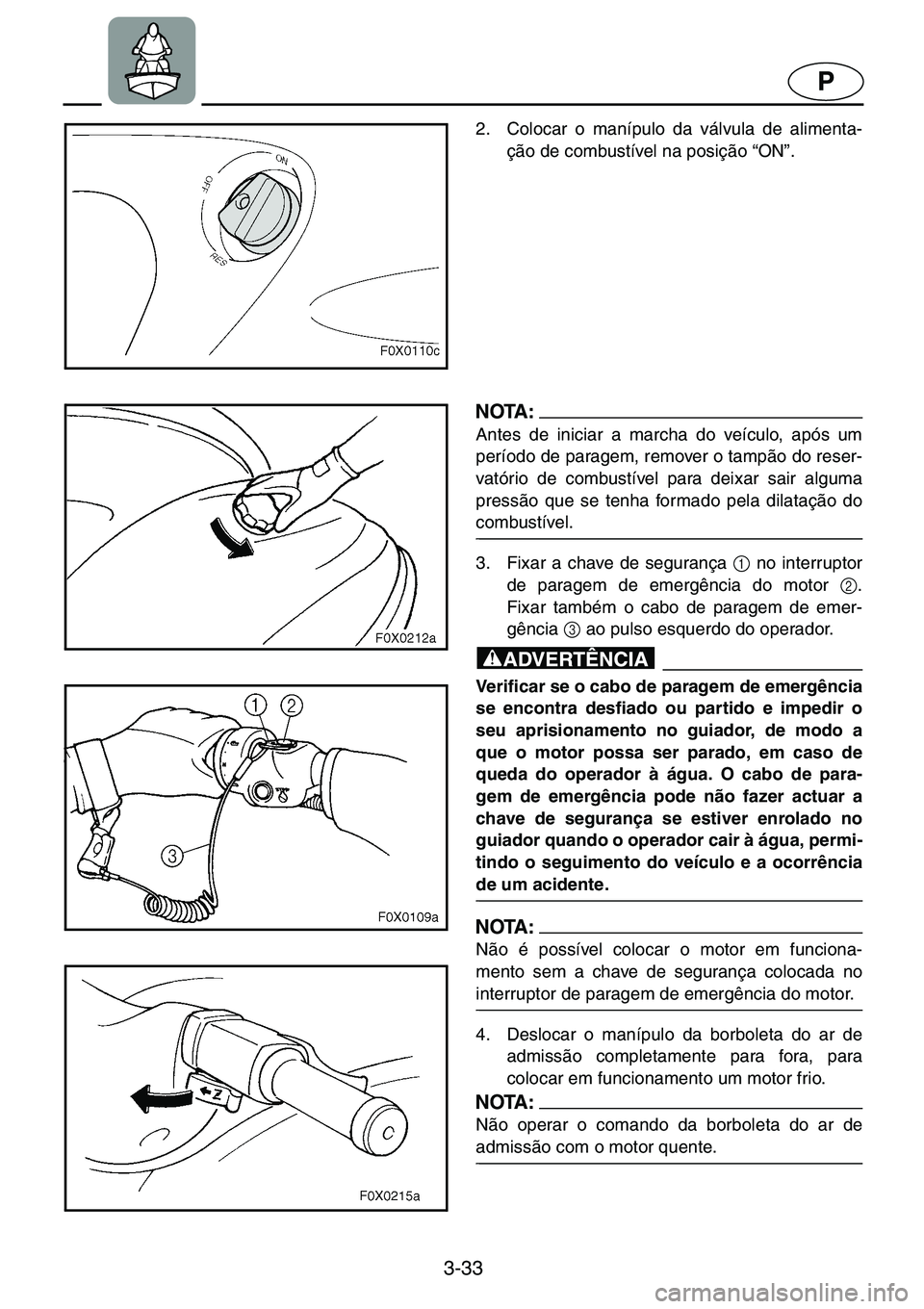 YAMAHA GP1200 2001  ΟΔΗΓΌΣ ΧΡΉΣΗΣ (in Greek) 3-33
P
2. Colocar o manípulo da válvula de alimenta-
ção de combustível na posição “ON”. 
NOTA :@Antes de iniciar a marcha do veículo, após um
período de paragem, remover o tampão do re