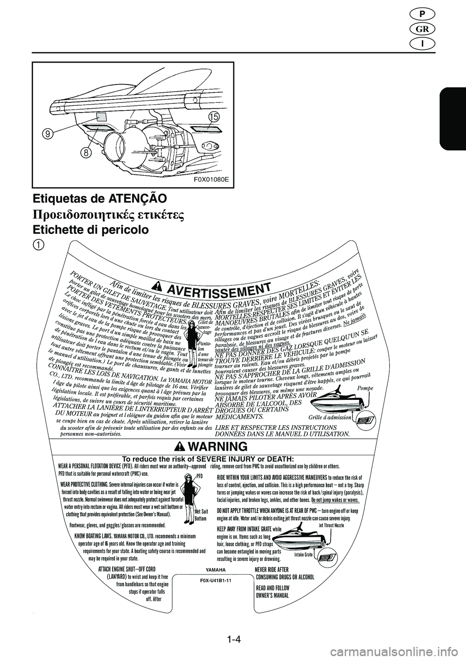 YAMAHA GP1200 2001  ΟΔΗΓΌΣ ΧΡΉΣΗΣ (in Greek) 1-4
�*�5
P
I
Etiquetas de ATENÇÃO 
! 0/ Œ 2"�0220"�
Etichette di pericolo 
1 