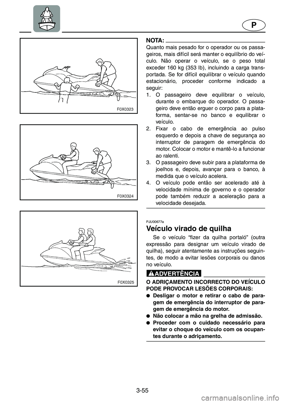 YAMAHA GP1200 2001  ΟΔΗΓΌΣ ΧΡΉΣΗΣ (in Greek) 3-55
P
NOTA :@Quanto mais pesado for o operador ou os passa-
geiros, mais difícil será manter o equilíbrio do veí-
culo. Não operar o veículo, se o peso total
exceder 160 kg (353 lb), incluindo 