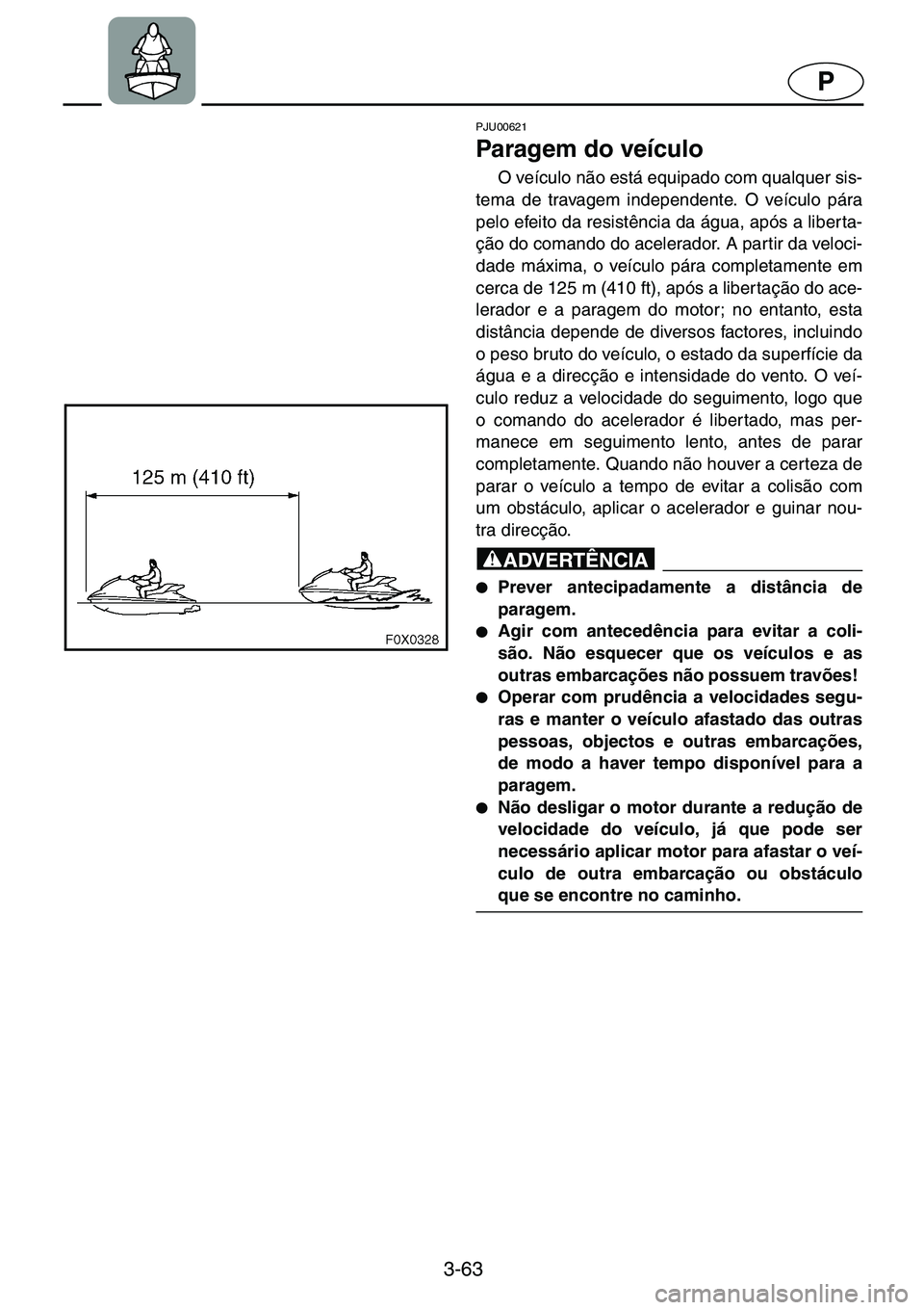 YAMAHA GP1200 2001  ΟΔΗΓΌΣ ΧΡΉΣΗΣ (in Greek) 3-63
P
PJU00621 
Paragem do veículo  
O veículo não está equipado com qualquer sis-
tema de travagem independente. O veículo pára
pelo efeito da resistência da água, após a liberta-
ção do 